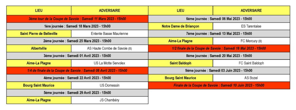Calendrier des Matchs