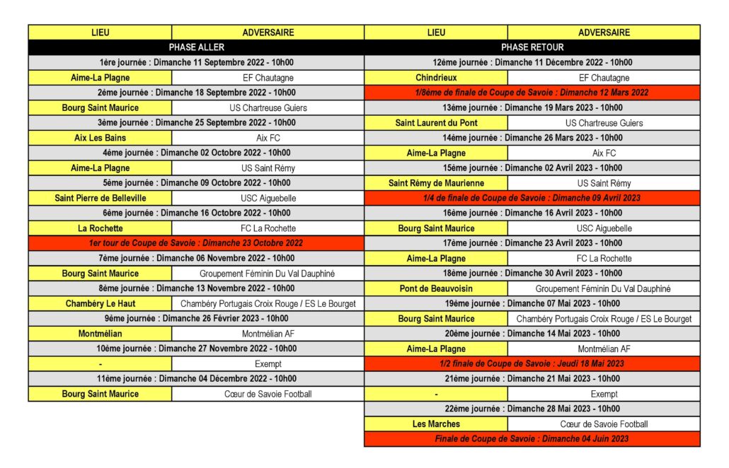 Calendrier des Matchs