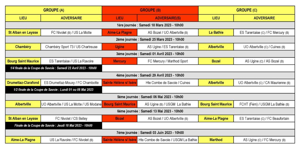 Calendrier des Matchs