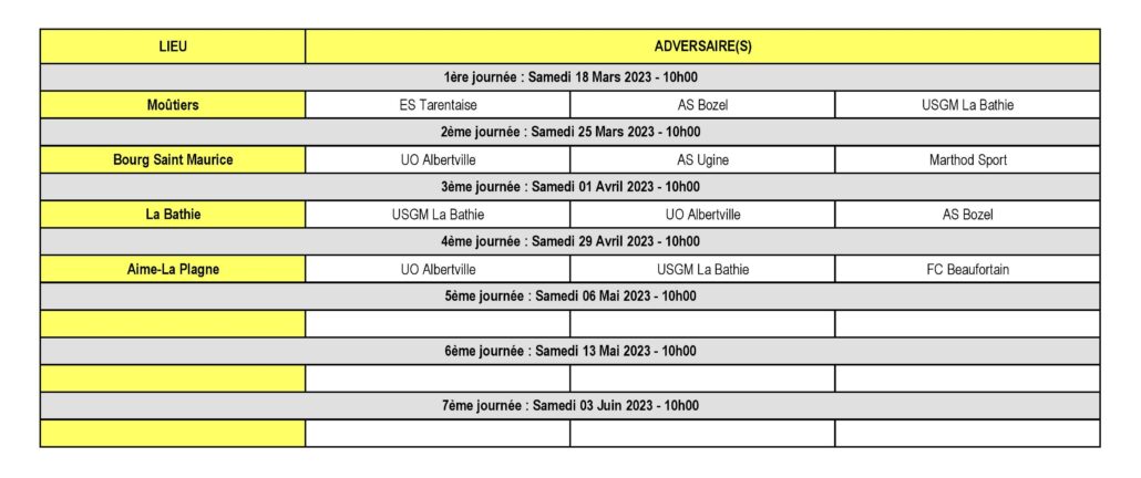 Calendrier des Matchs