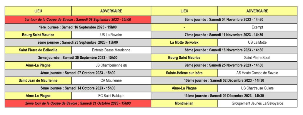Calendrier des Matchs