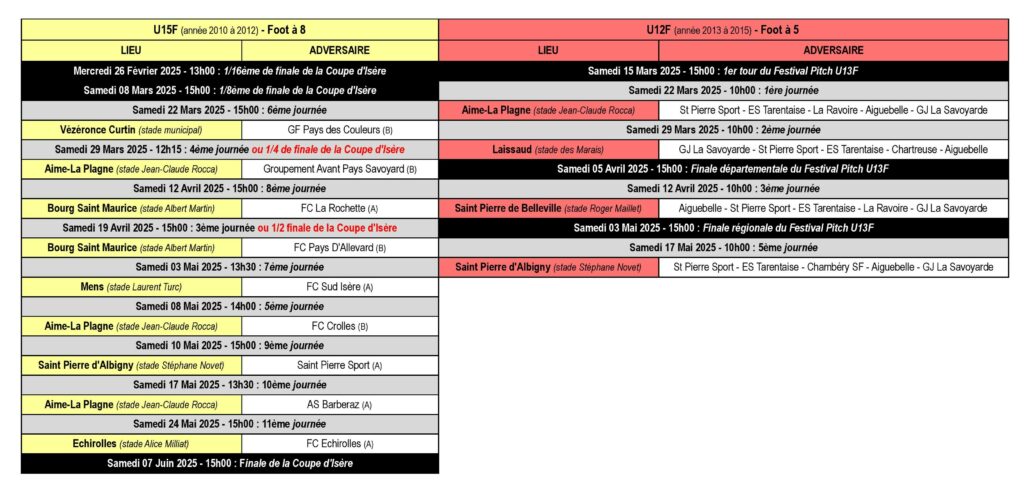 Calendrier des Matchs