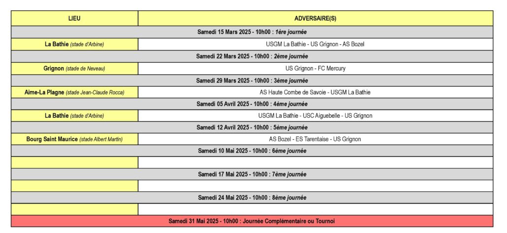Calendrier des Matchs