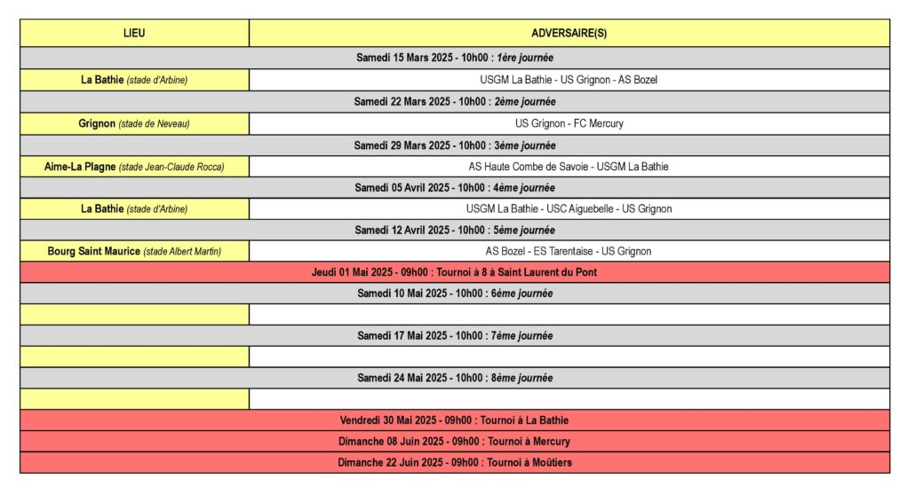 Calendrier des Matchs