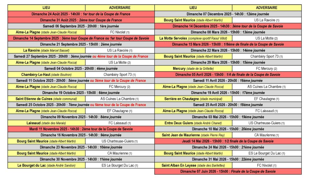 Calendrier des Matchs