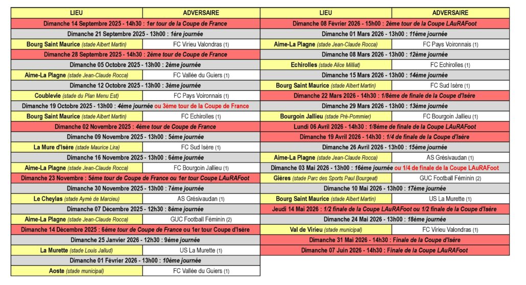 Calendrier des Matchs