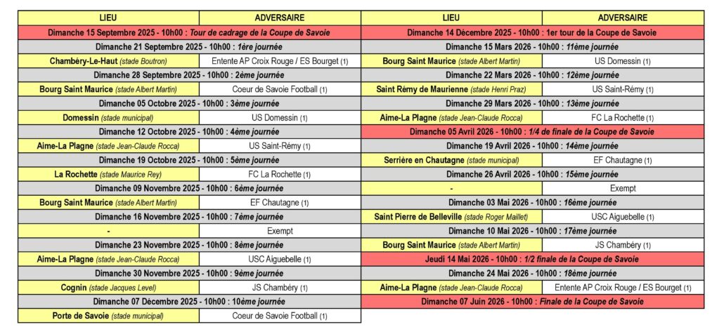 Calendrier des Matchs