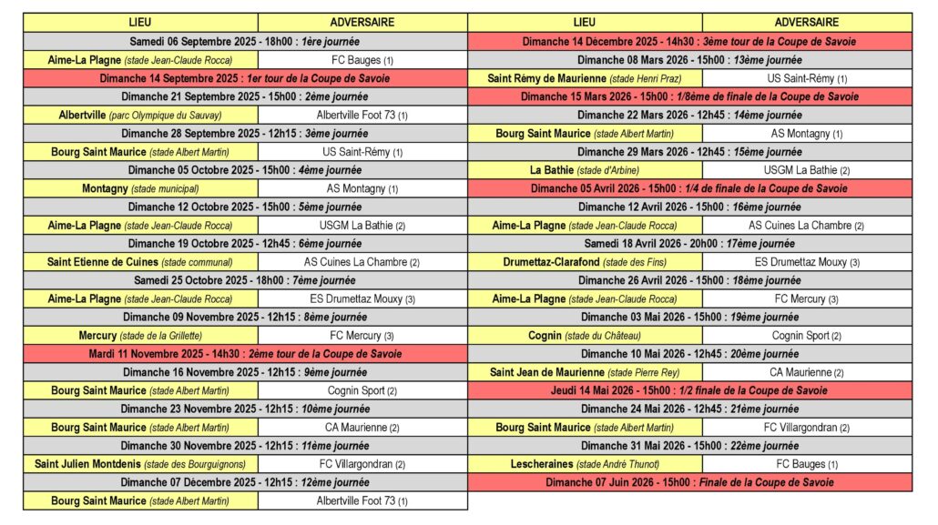 Calendrier des Matchs
