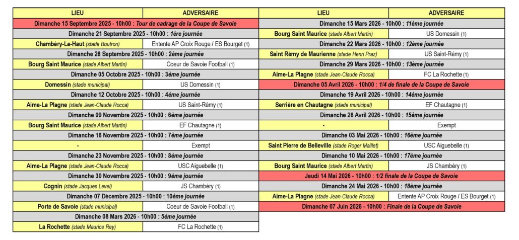 Calendrier des Matchs
