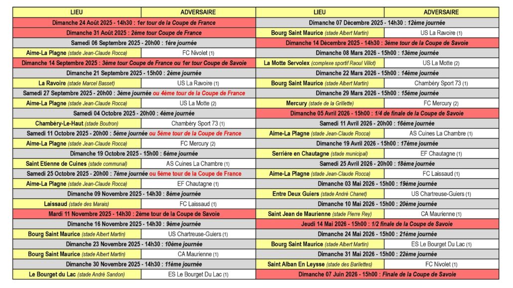 Calendrier des Matchs