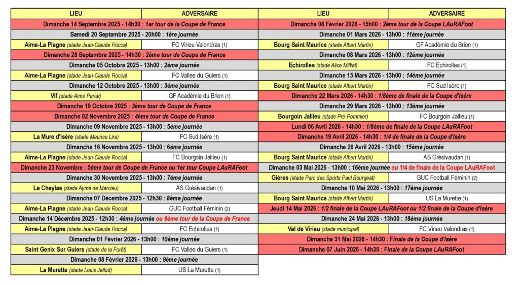 Calendrier des Matchs