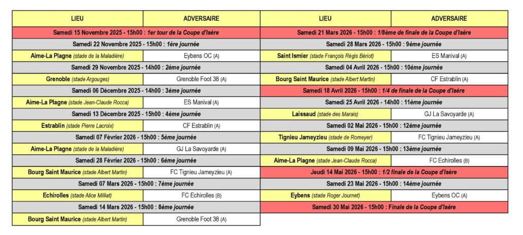 Calendrier des Matchs