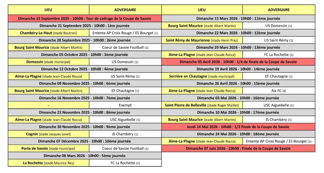 Calendrier des Matchs