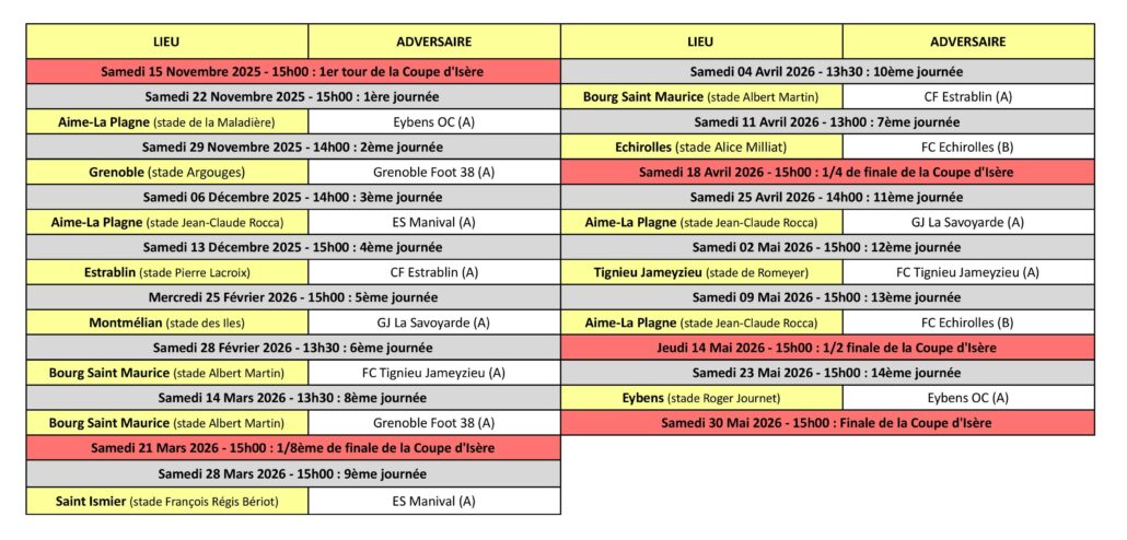 Calendrier des Matchs