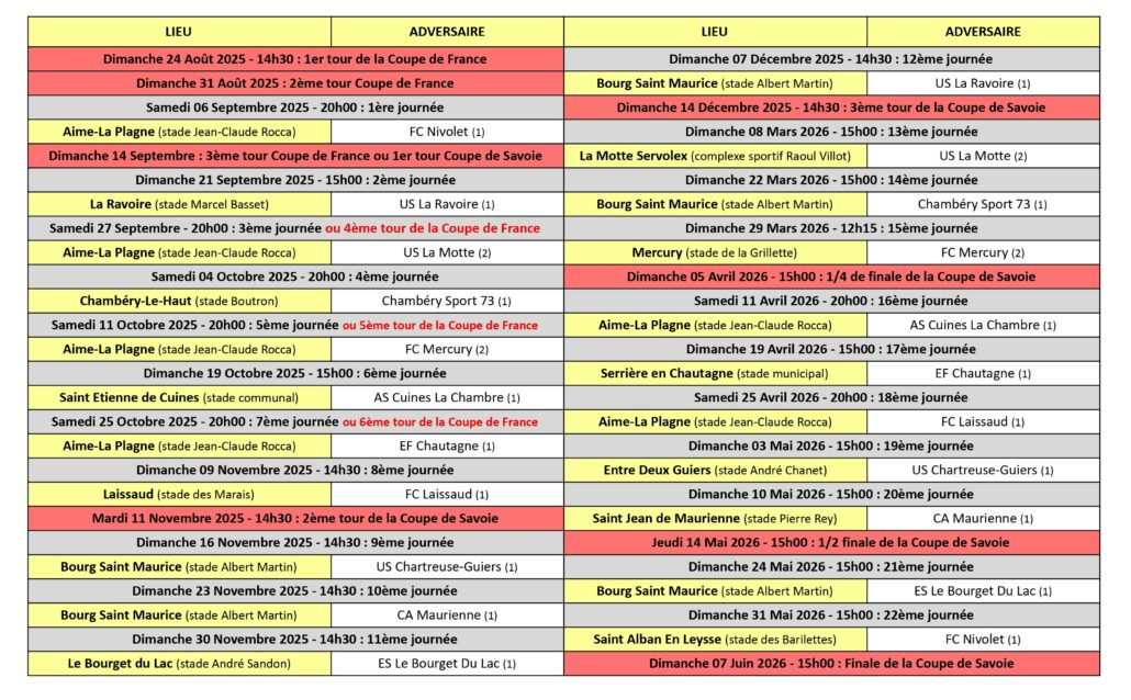 Calendrier des Matchs