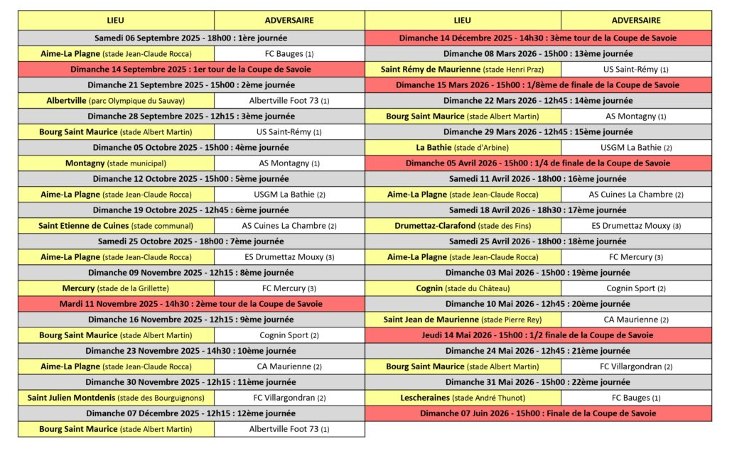 Calendrier des Matchs