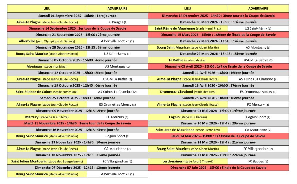 Calendrier des Matchs