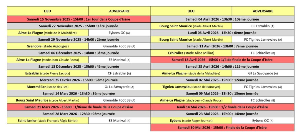 Calendrier des Matchs