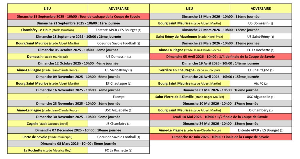 Calendrier des Matchs