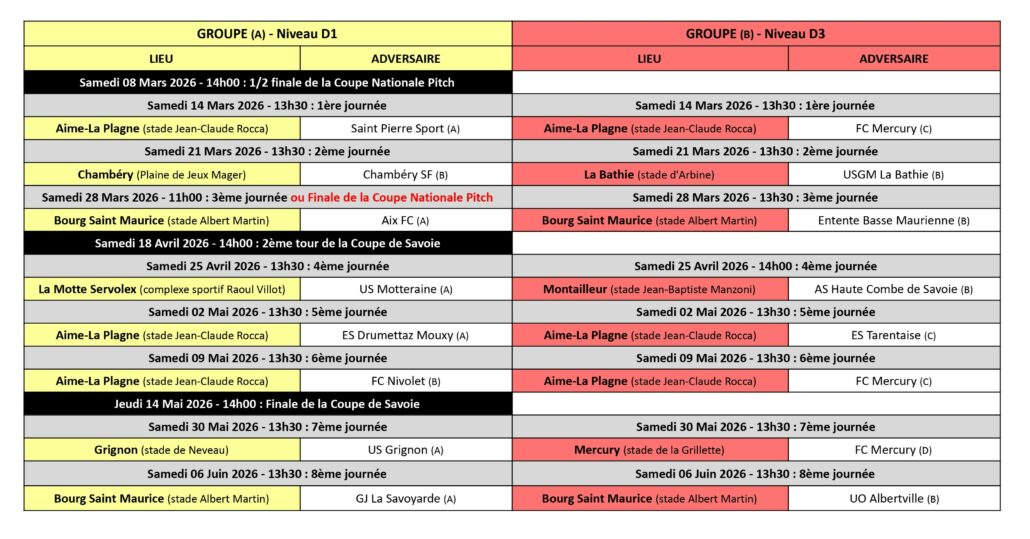 Calendrier des Matchs
