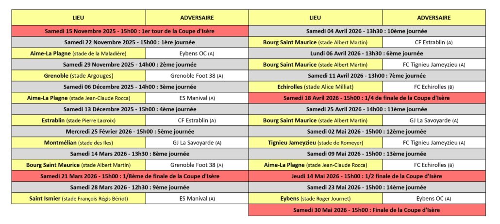Calendrier des Matchs