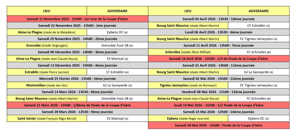 Calendrier des Matchs