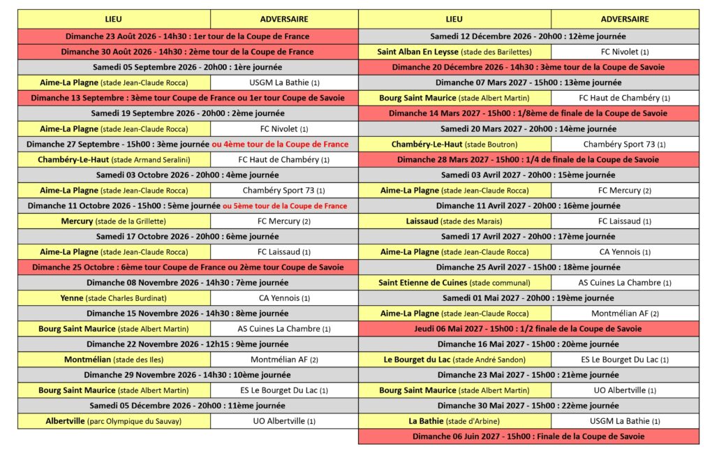 Calendrier des Matchs