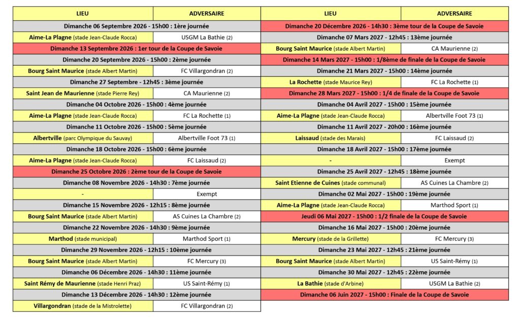Calendrier des Matchs
