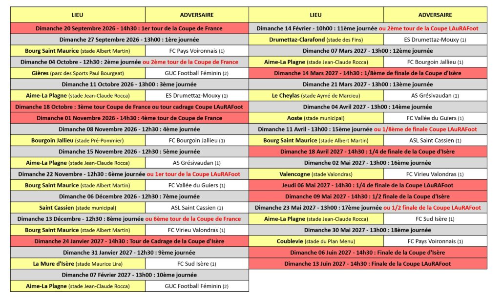Calendrier des Matchs