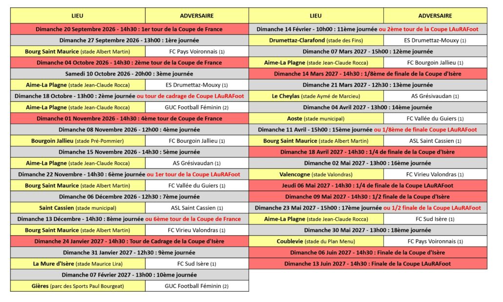 Calendrier des Matchs